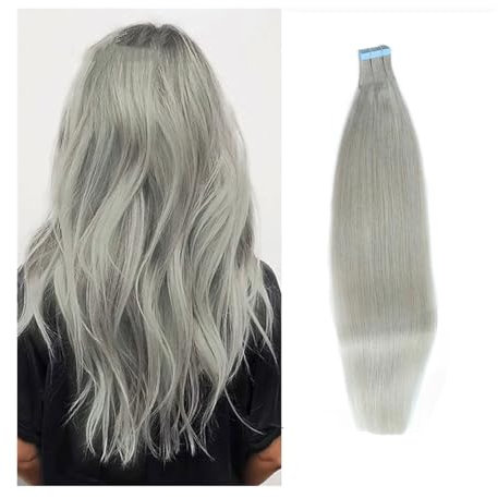 Tape Extension Echthaar Gerade Tape-in-Haarverlängerungen, Echthaar, silbergrau, Tape-in-Verlängerungen, gerade Hauteinschlag-Klebeband, graue Remy-Haar-Tape-Verlängerung Remy Tape in Extensions ( Siz