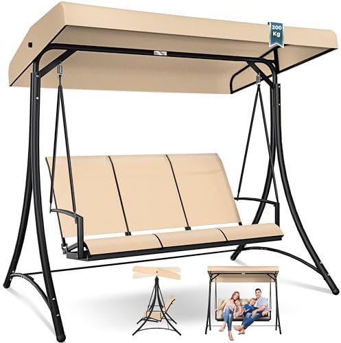 KESSER® Hollywoodschaukel mit Sonnendach 3-Sitzer | Gartenschaukel bis 300kg belastbar | Gartenliege mit Anti-Rutsch-Füßen | Schaukelbank wasserabweisend Outdoor & Indoor Verandaschaukel Stahlrahmen