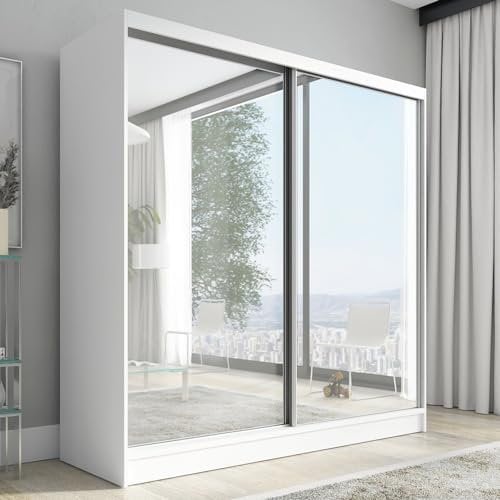 A&J MöbelLand Schwebetürenschrank, 2-türig Schrank mit Spiegel, Kleiderschrank Ivar 200 cm (Weiß)