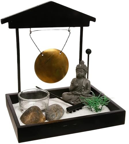 Jardin Zen décoratif de Style Japonais avec Figurine, Pierres, bougeoir, Gong, râteau, Sable, Noir, 16,5 x 15 x 12 cm