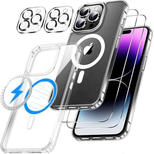 Alphn iPhone 15 Pro Hülle MagSafe 5 in 1 - Ultra Dünne Handyhülle - 1 MagSafe Schutzhülle - 2 Schutzfolien, 2 Kameraschutz - Magnetische Hülle, Stoßfest - Nie Vergilbend - Transparent - Kratzfest
