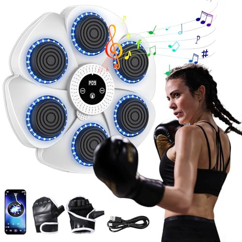 Vulaop Music Boxing Machine,LED Elektronische Musik Boxing Machine mit Boxhandschuhen,9 Geschwindigkeitsmodi und Zählmodus Unterstützt Bluetooth,Fokus Agility Training (Weiß+Handschuhe)