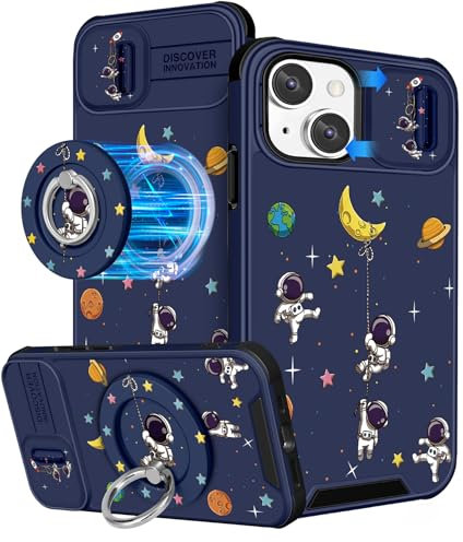 VincitoreModa for iPhone 14/13 Case Women Girls - [2in1] Cute Astronaut Compatible with MagSafe Ring Stand Girly Slide Camera Cover Design for Apple for iPhone 14/13 Phone Case 6.1