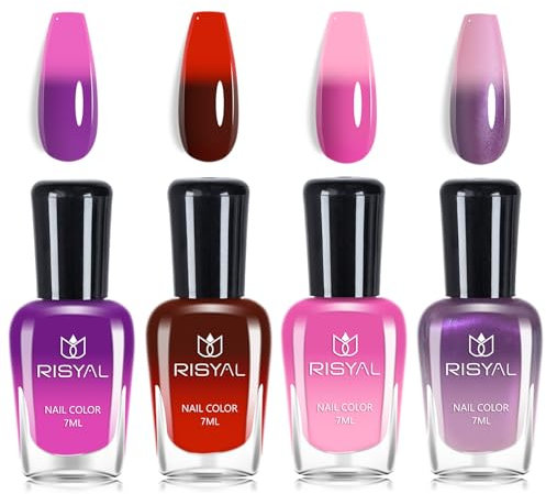 Colour Changing Nail Polish Sets - 4 Colors Thermal Mood Temperature Change Nail Varnish Sets - Rainbow Colour Pearl Purple Pink Red Nail Polish - Long Lasting Nail Polish Set Best Gift for Women