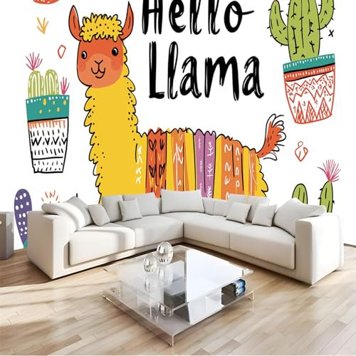 3D Cartoon Alpaka Fototapete Wandbild - Kaktus Topf Wanddeko - 150 x 105 cm (B x H) Wandtapete Fotoplakat für Wohnzimmer, Küche, Schlafzimmer - Wandkunst