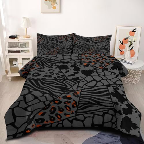 CCoutueChen Schwarzes Leoparden-Bettwäsche-Set, Queen-Size-Größe, Tierfelldruck, Bettwäsche für Jungen und Herren, abstraktes Wildtier-Dekor-Steppdecken-Set – 3-teiliges weiches flauschiges Mikrofaser