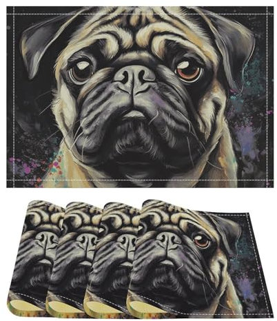 Tischsets für Esstisch, hitzebeständig, rutschfest, Porträt von Mops, Teller, Matte, 4 Stück, waschbar, Leinen, Tischset, Neujahr, Küche, Tischmatten für drinnen und draußen