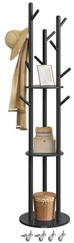 VASAGLE Garderobenständer, Kleiderständer mit 11 Haken und 3 Ablagen, 4 drehbare und abnehmbare Rollen, Haken und Haltestangen aus Massivholz, Eingang Schlafzimmer Wohnzimmer, tintenschwarz RCR023B01