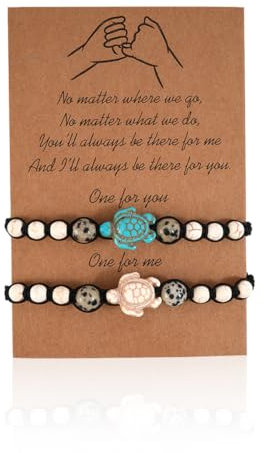 BCHKO 2 Pièces Bracelet d'Amitié Promesse Fait Main Distance Match Cadeau pour Meilleure Amie Couple Amoureux Fille, Bracelet Cordon Réglable avec 1 Carte de Vœux (Tortue)