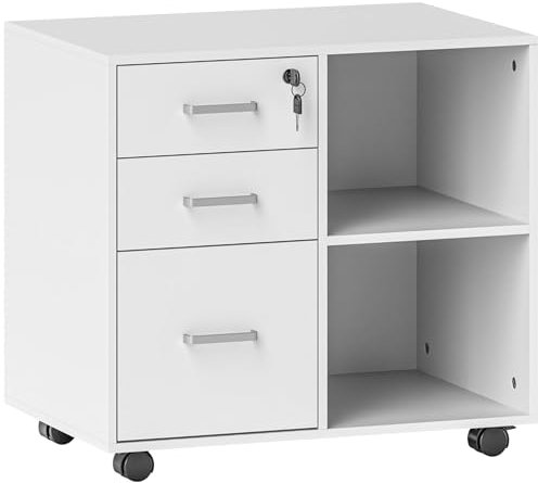 HOMCOM Cassettiera Ufficio Portadocumenti con Ruote, Mobile Ufficio in Legno con 2 Scomparti e 3 Cassetti con Serratura e Chiavi, per Studio e Ufficio, 60x40x56 cm, Bianco