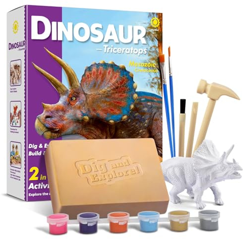 EGGBOX Dinosaurier Skelett Ausgrabungsset für Kinder, 2-in-1 Triceratops Dino Dig & Malset, Dinosaurier Spielzeug für Kinder ab 6, Fossilien Paleontologie Experimente & Bastelset für Jungen Mädchen