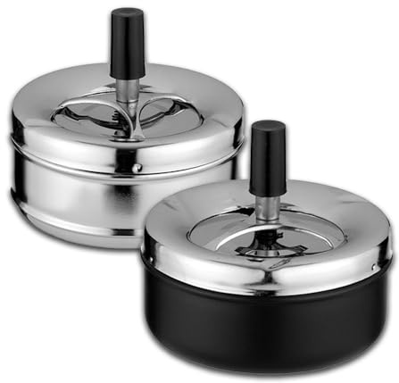 2 x Schleuderaschenbecher ⌀ 11 cm Set | Schwarz + Silberfarben | Aschenbecher groß für draussen mit Deckel Outdoor