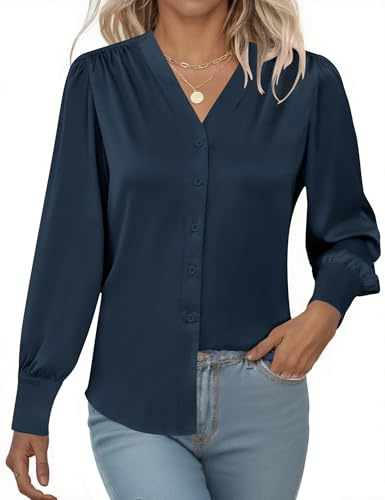 Rapbin Womens Satin Shirt V Neck Long Sleeve Blouses Silk Button Down Tops | Ladies 2026 Summer Autumn Casual Trendy Solid Plain Tops Office Business Shirts