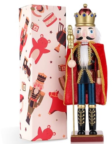 38cm (15 Zoll) großer Weihnachten Nussknacker mit Umhang – Traditionelle handbemalte Weihnachtsdekoration für Tisch, Baum oder Party – Klassische Holzfigur als Festtags-Deko oder Sammlerstück(Rot)