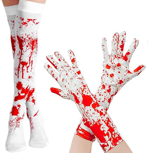 Halloween Blutige Handschuhe Socken Set,Sexy Krankenschwester Kostüm | Frauen Sexy Krankenschwester Kostüm Zubehör, Horror Overknee Strümpfe Handschuhe, für Karneval Cosplay Zubehör