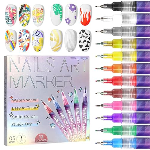 12 Color Nail Art Pens Set, 3D Nail Polish Pens Set Waterproof Quick Dry Nail Art Painting Pens DIY Nail Tip Point Liner Pen for Nails Art Design
