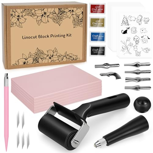 47 Stück Lino-Schneid und Druckset, Linolschnitt Set Blockdruck Starter Kit | mit Gummiblöcke, Stempelblock, Bildhauerwerkzeugen, Pauspapieren und Gummiwalze für Stempelschnitzerei und Druckgrafik