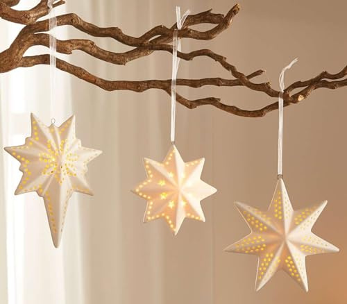 Dekoleidenschaft 3x LED Hänger Stern aus Porzellan, weiß, Hänger Weihnachten, Weihnachtsbaumschmuck, Weihnachtsdeko, Christbaumschmuck