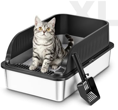 Stainless Steel Cat Litter Tray with High Sides, XXL Metal Cat Litter Box with Scoop, Hooded Toilet for Cat Rabbit, Pet Tray for Large and Small Cats, Leak-Proof, Odour-Free, Easy to Clean, Black