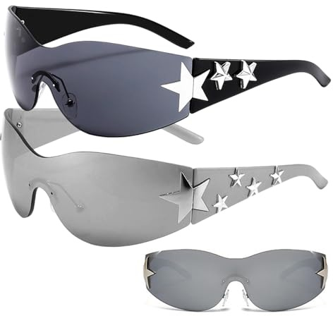 Eulihent 2 Pack Sunglasses Women Men Retro Wrap Around Sunglasses for Y2K sunglasses Trendy Shield Rimless Star Sun Glasses Cool with Case UV400 for Driving Shopping Fishing Outdoor Cycling
