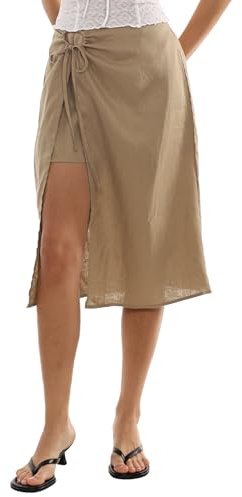 Amazhiyu Faldas de verano para mujer, falda midi de lino hasta la rodilla, falda de verano, cintura elástica, falda envolvente, falda acampanada, falda midi con ranuras, elegante, informal, falda de