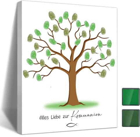 Nujuyg Kommunion Fingerabdruck Gästebuch, Geschenk zur Kommunion Junge Mädchen, Konfirmation Taufe Gästebuch - Fingerabdruckbaum Leinwand und Stempel (Kommunion)