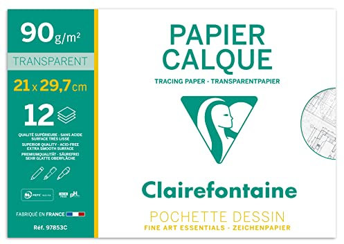 Clairefontaine 96853C - Pochette Dessin Scolaire - 12 Feuilles Papier Calque Hautement Transparent - A4 21x29,7 cm 90/95g - Idéal pour le Dessin Technique