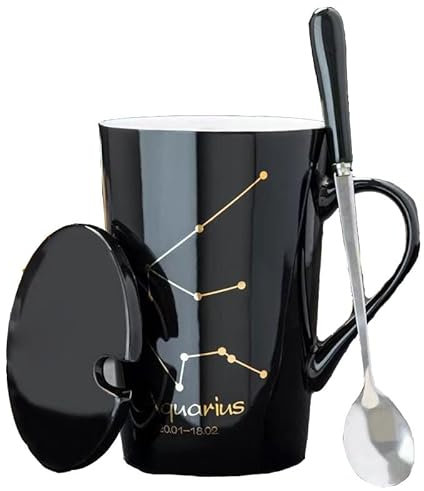 Constellation Ceramic Gold Zodiac Mug Spoon Star Sign Coffee Cup Creative Gift (Aquarius)