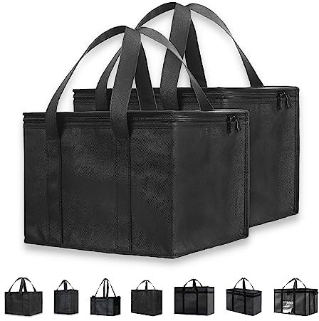 NZ Home Insulated Cooler Bag (23L, Medium, 2 Pack) for Food Delivery & Grocery Shopping with Zippered Top, Black