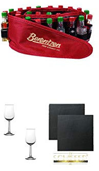 Berentzen Minis 24er Gürtel 24 x 0,02 Liter + Nosing Gläser Kelchglas Bugatti mit Eichstrich 2cl und 4cl - 2 Stück + Schiefer Glasuntersetzer eckig ca. 9,5 cm Ø 2 Stück