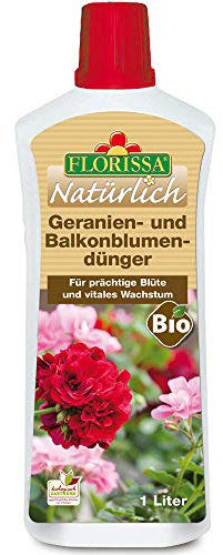 Florissa Natürlich BIO Geranien- und Balkonblumendünger für eine langanhaltende Blütenpracht | 100% vegan, aus rein pflanzlichen Rohstoffen | biologisch GÄRTNERN Gütesiegel, Braun, 1 L