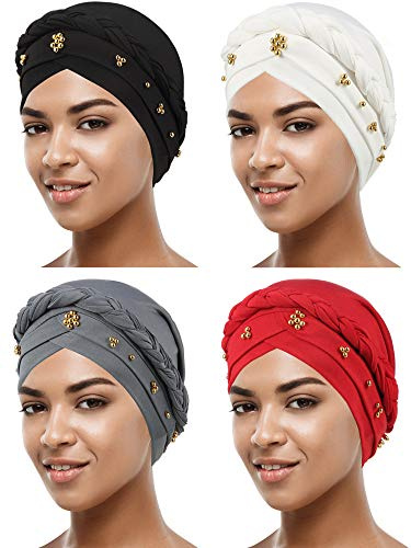 SATINIOR 4 Stücke Frauen Turban Kappe Perlen Kopftuch Mütze Verdrehte Flechten Wickeln Hut Kunstperlen Kopfwickel