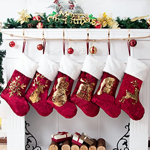 Beyond Your Thoughts Nikolausstrumpf Weihnachtsstrumpf zum Befüllen & Aufhängen, Nikolaussocke Weihnachtsdekoration für Kamin, Weihnachtsbaum, Wand, Treppe,Rot und Gold, 6er Set