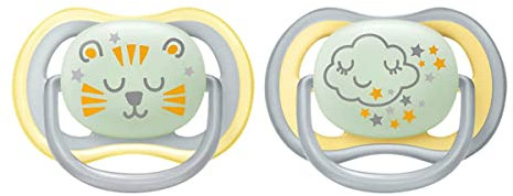 Philips AVENT Ultra Air Schnuller für die Nacht über 18 Monate, leuchtet im Dunkeln, Doppelpack, Wolke/Tiger (Modell SCF376/01)