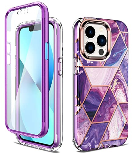UEEBAI Case for iPhone 13 Pro 6.1 inch, Stylish Marble Pattern Full Body Case Built in Screen Protector Hard Plastic PC Case Soft TPU Bumper Shockproof Protective Case - Purple