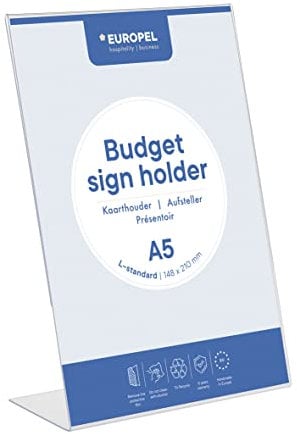 Europel Budget Présentoir de table, Base L, format A5 Portrait, Polystyrène limpide 1,5 mm, affichette, pour restaurants, hôtels, conférence, réception, Autoportant et Double face Transparent
