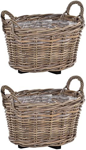 Lot de 2 corbeilles à plantes en rotin gris rond tressé avec poignées - Panier décoratif pour plantes de jardin - Diamètre : 40 cm - Hauteur : 24 cm - Avec film - Support en bois