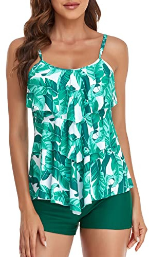 FLYILY Maillot de Bain 2 Pièces Femme Tankini Ensembles à Volants Maillot Haut Imprimé avec Short de Garçon Maillots de Bain Grande Taille(LightGreen,3XL)