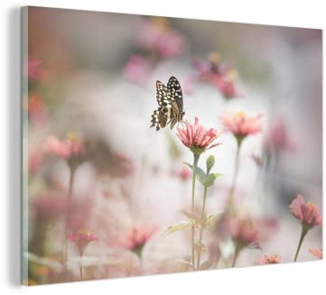 MuchoWow Glasbild Glasfoto Wandbild Bilder Deko 150x100 cm Schmetterling - Blume - Rosa