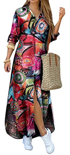 OMZIN Women's Long Sleeve Maxi Vintage Dress Loose Floral Printed Shirt Dresses Plus Size Graffiti Red 3XL