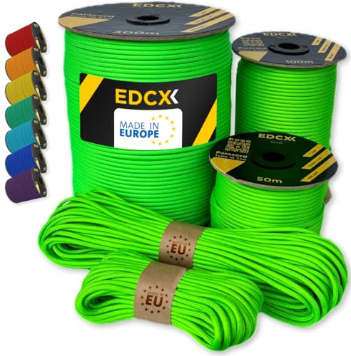 EdcX Paracord 550 4mm, 35+ Solid Colors (10m, 15m, 30m, 50m, 100m, 300m) | Neon Green, 300 m – 100% Nylon Rope 4mm, Type III 7 strand | Survival, Camping, Bushcraft, Crafts | Made in EU