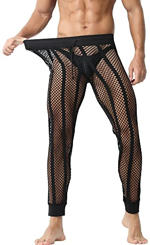 YUFEIDA Herren Fishnet Legging Hose Kordelzug Bottom Low Rise Muscle Fit Long Pants See Through Mesh Leggings Bottoms