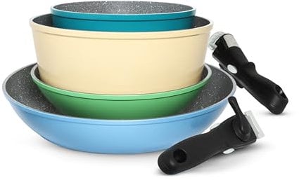 KASANOVA Set Pentole Induzione Young con Manico Staccabile, Batteria di Pentole e Padelle Antiaderente per Fornelli, Induzione e Forno, con 2 Padelle, 2 Pentole e 2 Manici Staccabili