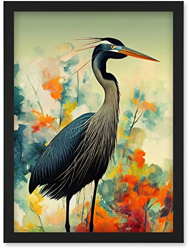 Wee Blue Coo Heron Bird in Abstract Flower Field Colourful Teal Orange Navy Illustration Artwork Framed Wall Art Print A4