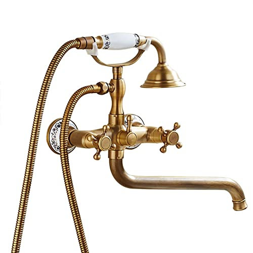 Mitigeur Baignoire Avec Douchette À Main Robinet Baignoire, Finition Laiton Antique Mural Double Poignée Laiton Mitigeur Douche, Robinet Bain