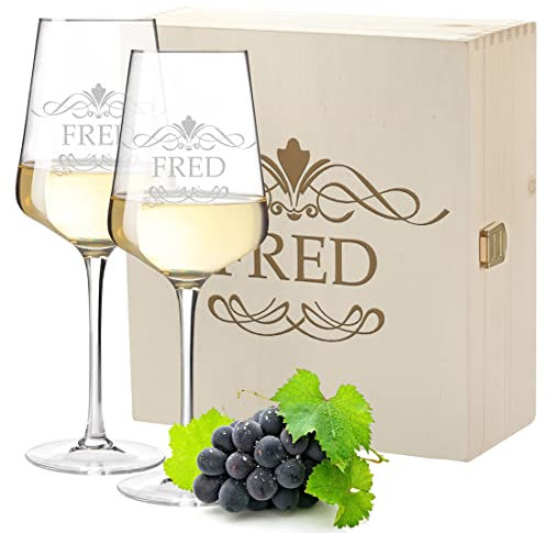 Set de vin 3 pièces avec gravure personnalisée – Motif ornement – 2 verres à vin blanc Leonardo Puccini 560 ml, 1 boîte en bois – durable – bois véritable – Cadeau DIY – anniversaire, Noël