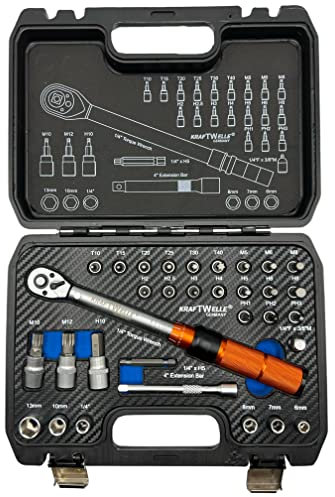 Kraftwelle 32 teiliges 1/4 Zoll Klick Drehmomentschlüssel Stecknüsse-Set 5-25Nm für Fahrrad E-Bike Mountainbike Rennrad Motorrad etc. inkl Bits, Verlängerung und Nüssen