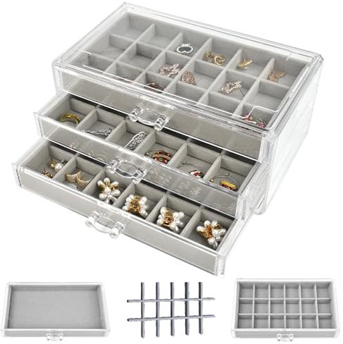 wynott Jewellery Box with 3 Drawers Velvet Jewellery Organiser Adjustable Earring Storage Box Case Organizer Acrylic Jewellery Drawers Clear Makeup Organiser for Rings Earrings Necklace Cosmetic, Grey