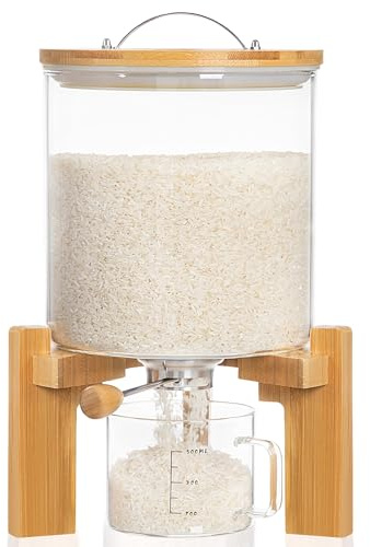 HBlife 8-10 Lbs Glass Rice Dispenser with Wooden Stand Flour and Cereal Container with Glass Measuring Cup Pantry Food Organization Storage Bin with Airtight Bamboo Lid, 5L