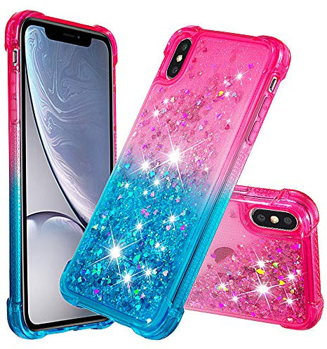QIWEIQING Compatible for Glitter Liquid Case for iPhone XS Max, Sparkle Sequin Floating Quicksand Solid Love TPU Shockproof Protective Cover for iPhone XS Max.Pink Blue YBJ